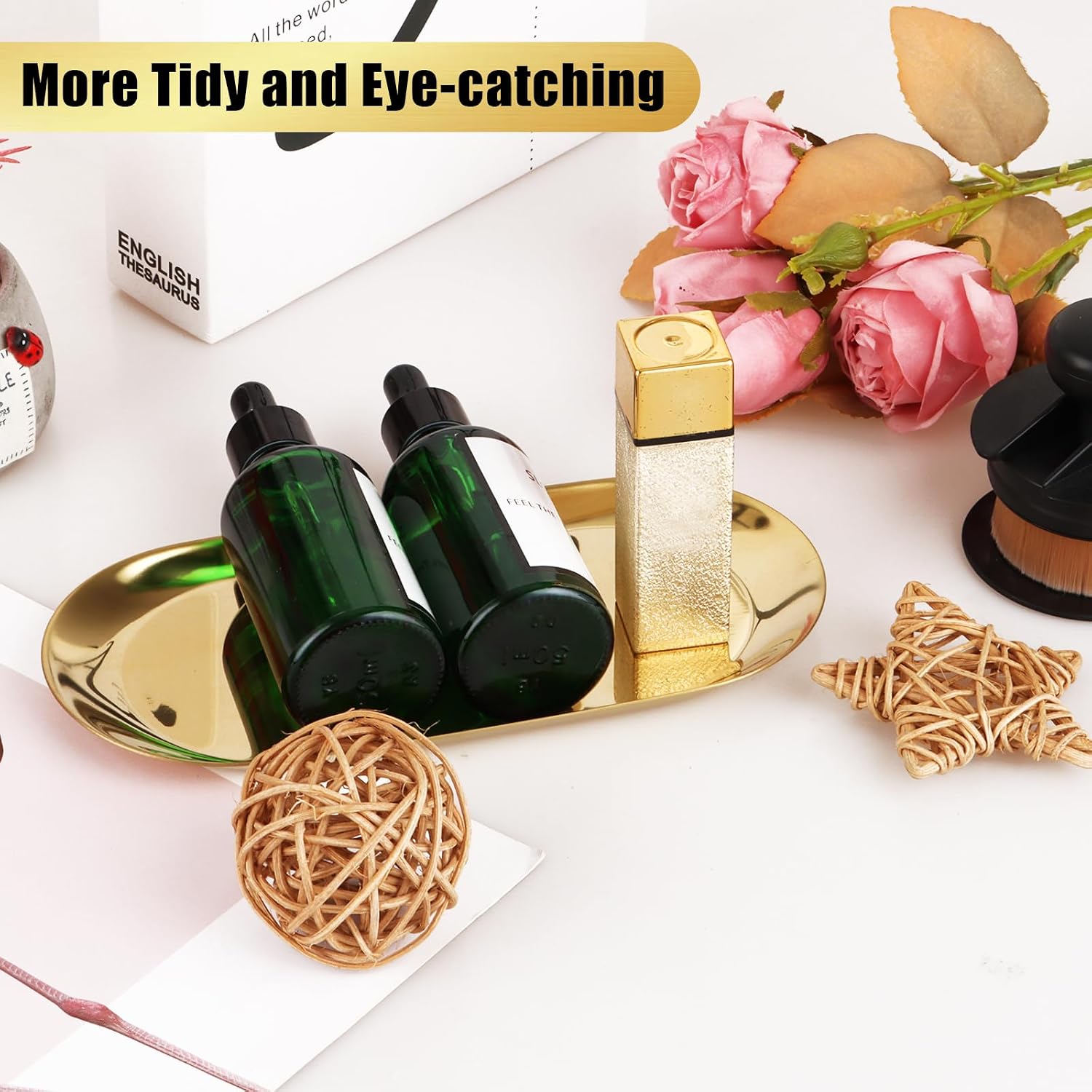 CYEAH Stainless Steel Decorative Tray Set of 6, Gold Decorative Tray 7 inch, Oval Jewelry Dish Bathroom Vanity Tray Small Serving Trays Candle Holder Stainless Steel Cosmetics Perfume Trays