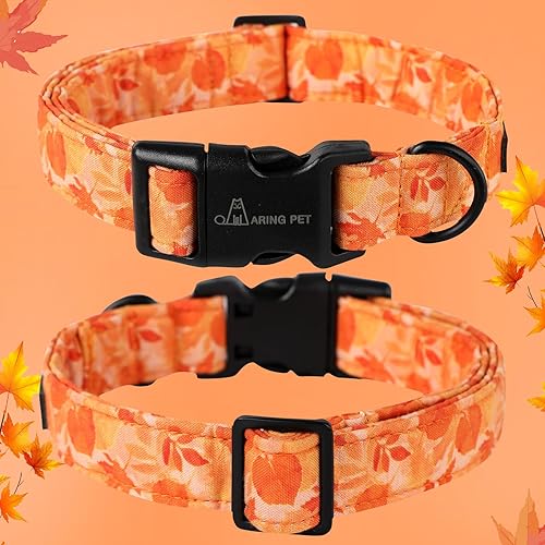 Miniatura 2 de Aring Pet Collar de algodón, ligero y ajustable, con hebilla de liberación rápida para perros pequeños, medianos y grandes, otoño, naranja, hojas