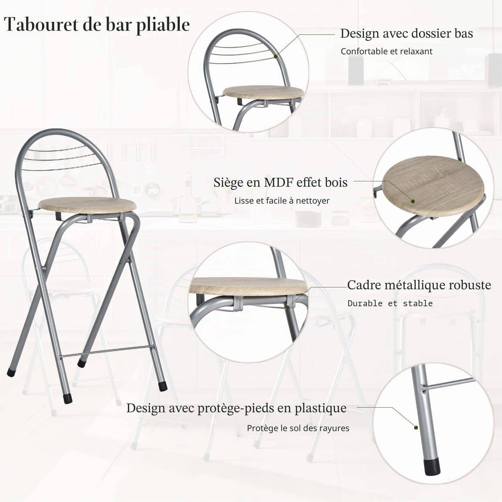 Tabouret de Bar Pliant, Tabouret Pliant Portable Chaise de Bar Pliante avec Dossier Tabouret Pliable pour Bistro Cuisine Terrasse Extérieure, Hauteur d'assise 61 cm, Chêne et Argent