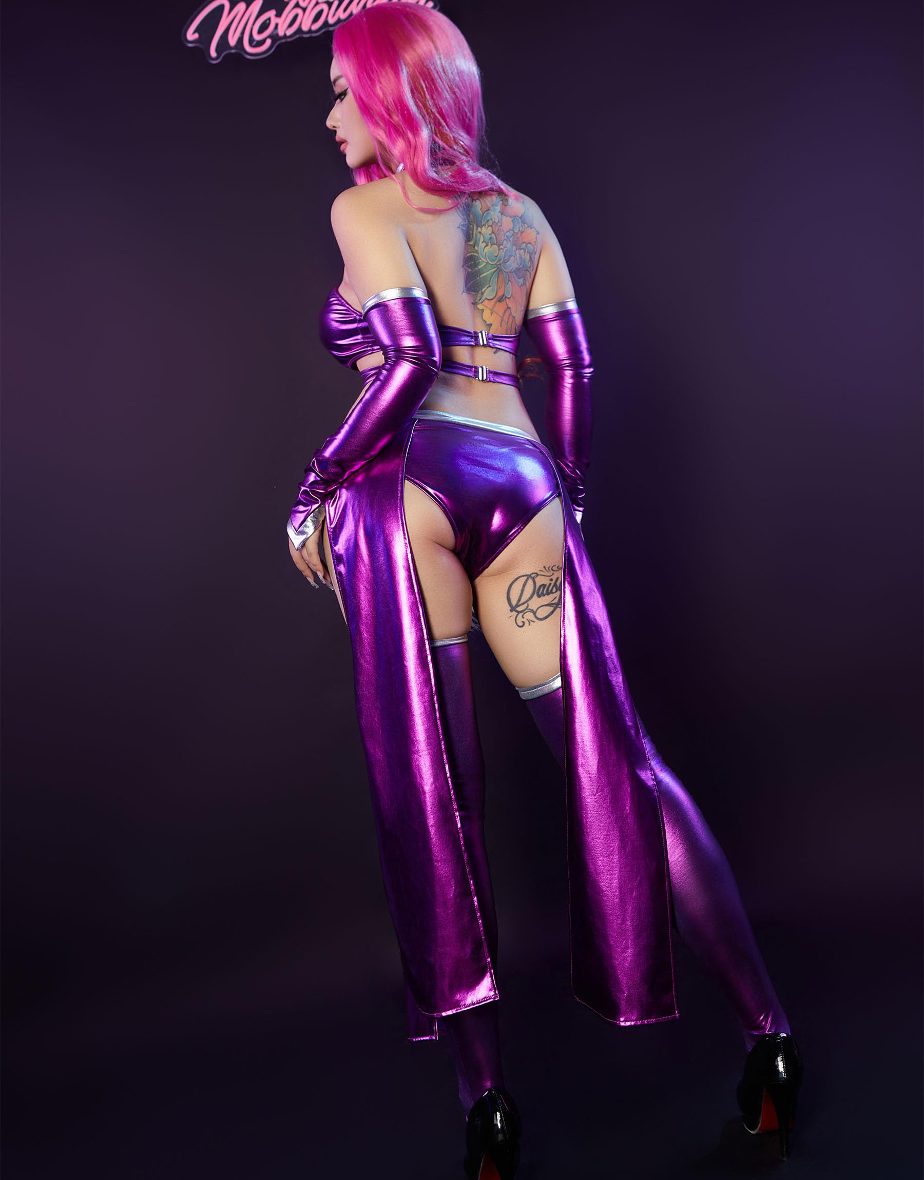 Mobbunny Movie Cosplay Costume for Women Purple Bodycon Outfit Halter Cutout Bodysuit with Gloves Stockings: Medium Purple