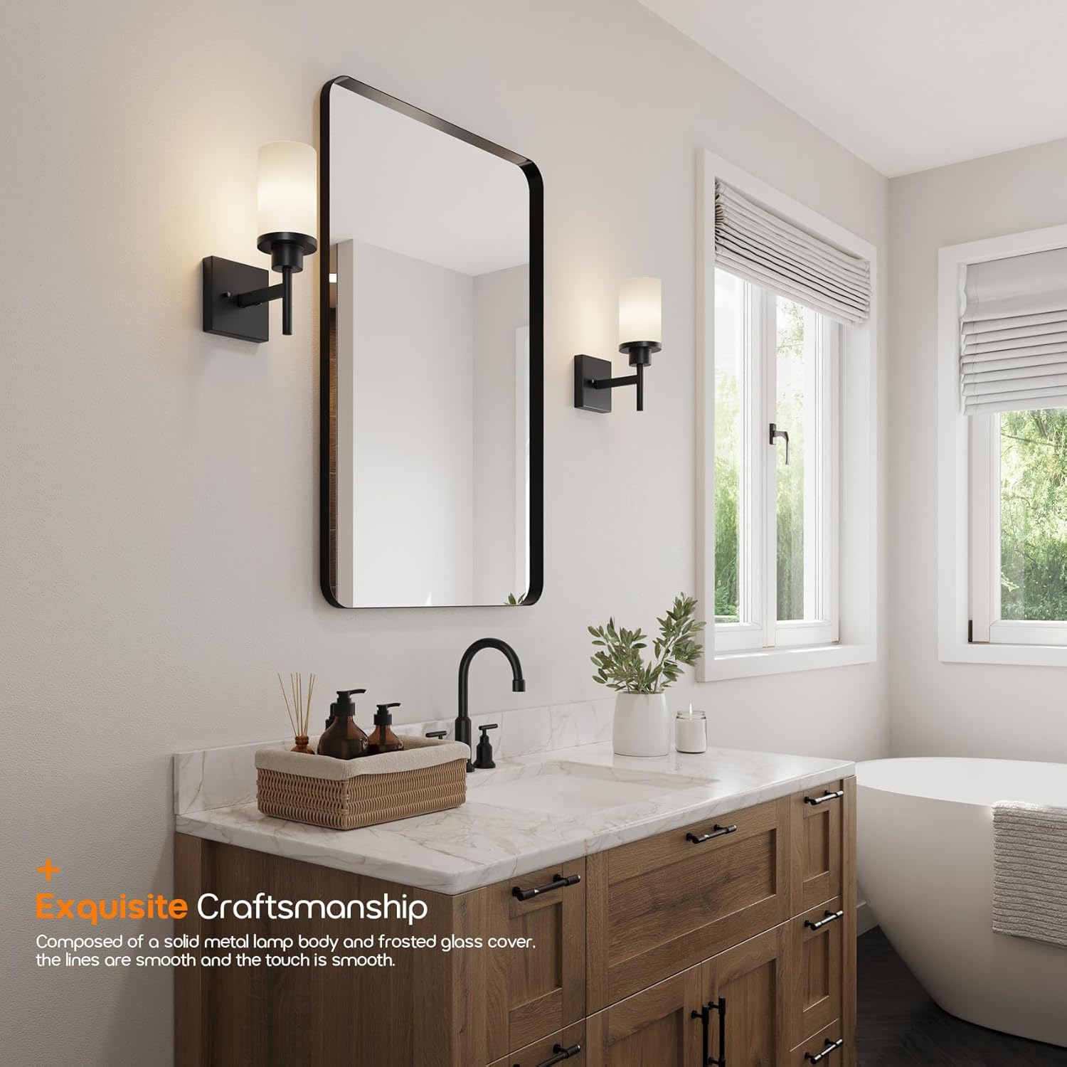 Wall Light Fixtures Matte Black Bathroom Vanity Lights Over Mirror with White Frosted Glass Shade, Wall Lamps for Porch Entrance, 2 Pack T001MB-L1-P2