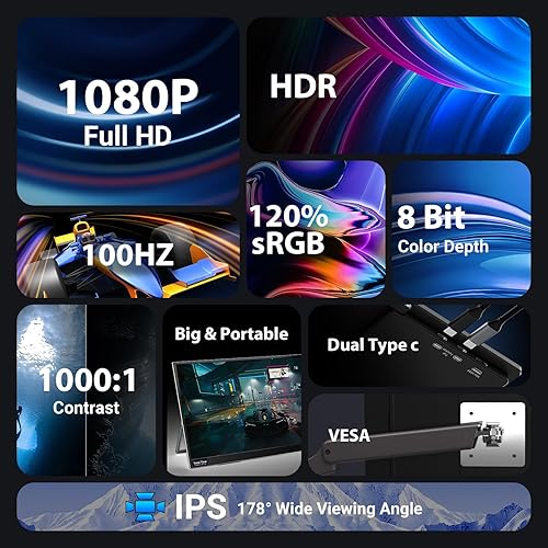 Miniatura 2 de InnoView Monitor portátil de 18.5 pulgadas 100 Hz 120% sRGB, 1080P FHD IPS Monitor portátil grande para portátil USB C HDMI HDR Monitor de viaje con