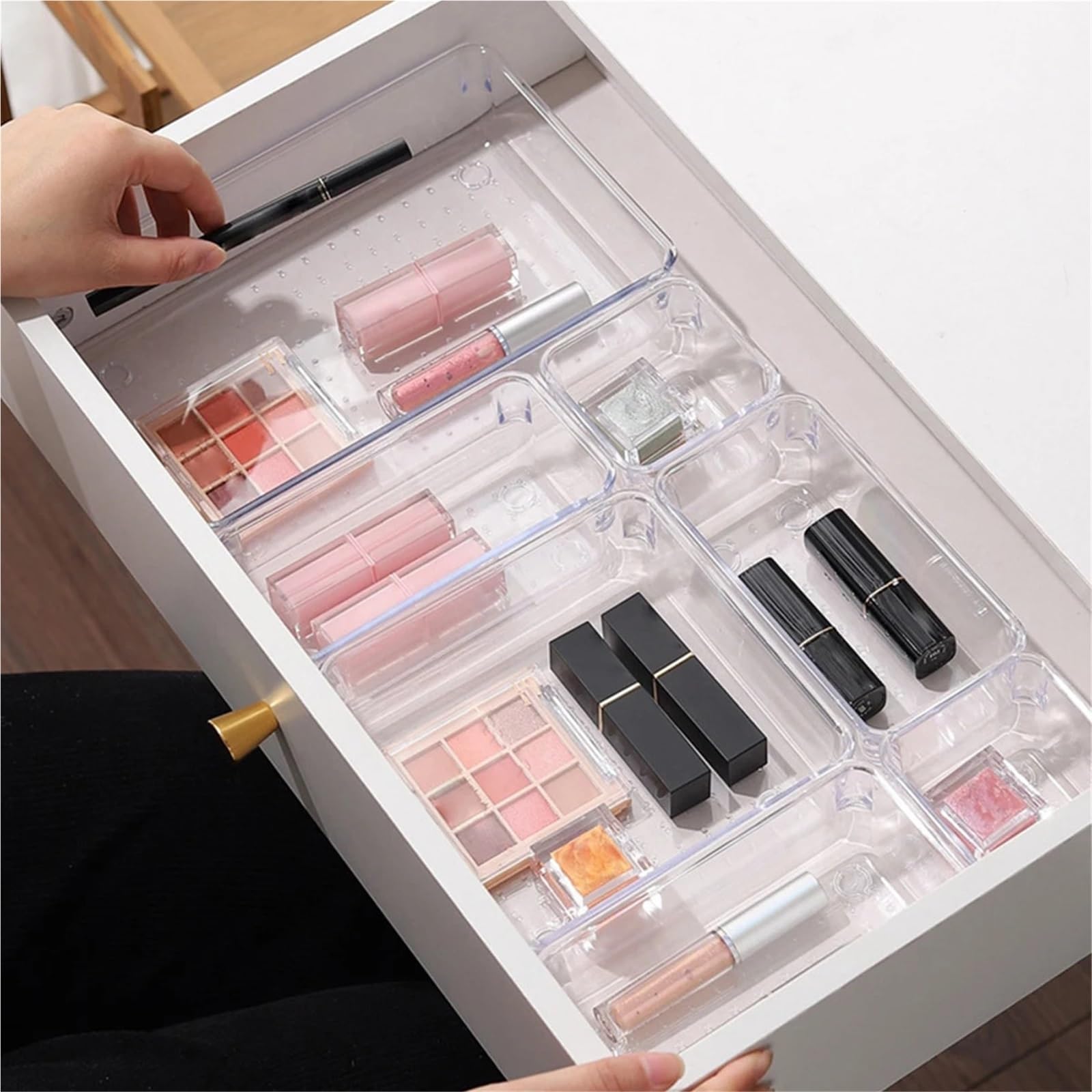 Set di 7 organizer for cassetti da scrivania, in plastica, for riporre oggetti bagno, for trucchi, scatola portaoggetti trasparente Per Cassetti