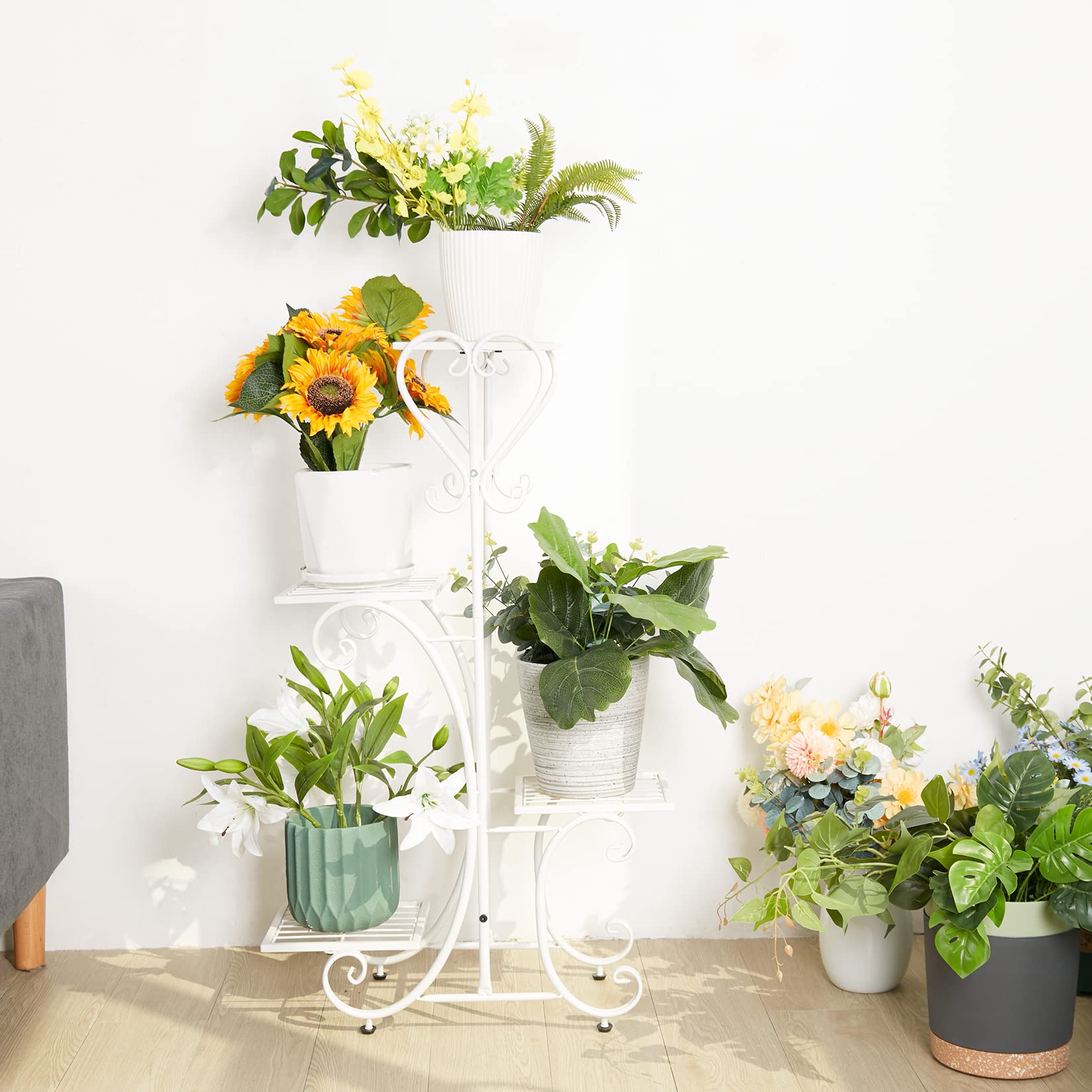 UNHO Espositore per Fiori Ferro: Bianco Verticale Supporto Fioriera in Metallico per Piante orchidee Scaffalatura per interni esterni per 4 Ripiani Scaffale Porta Piante Vasi in Ferro battuto
