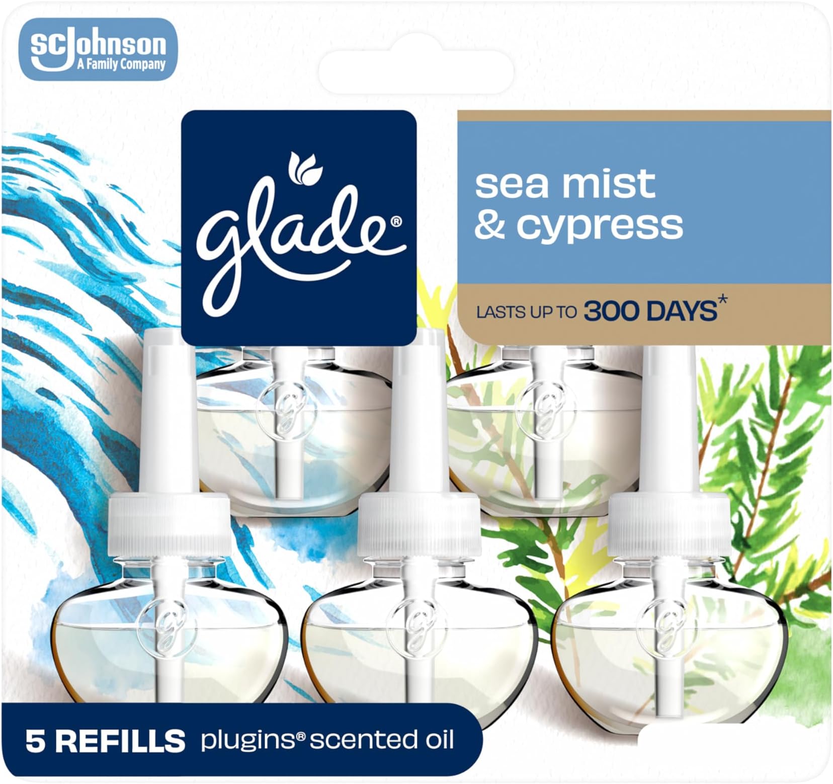 PlugIns Refills Air Freshener, Sea Mist & Cypress, Scented and Essential Oils for Home and Bathroom, 0.67 Fl Oz, 5 Count