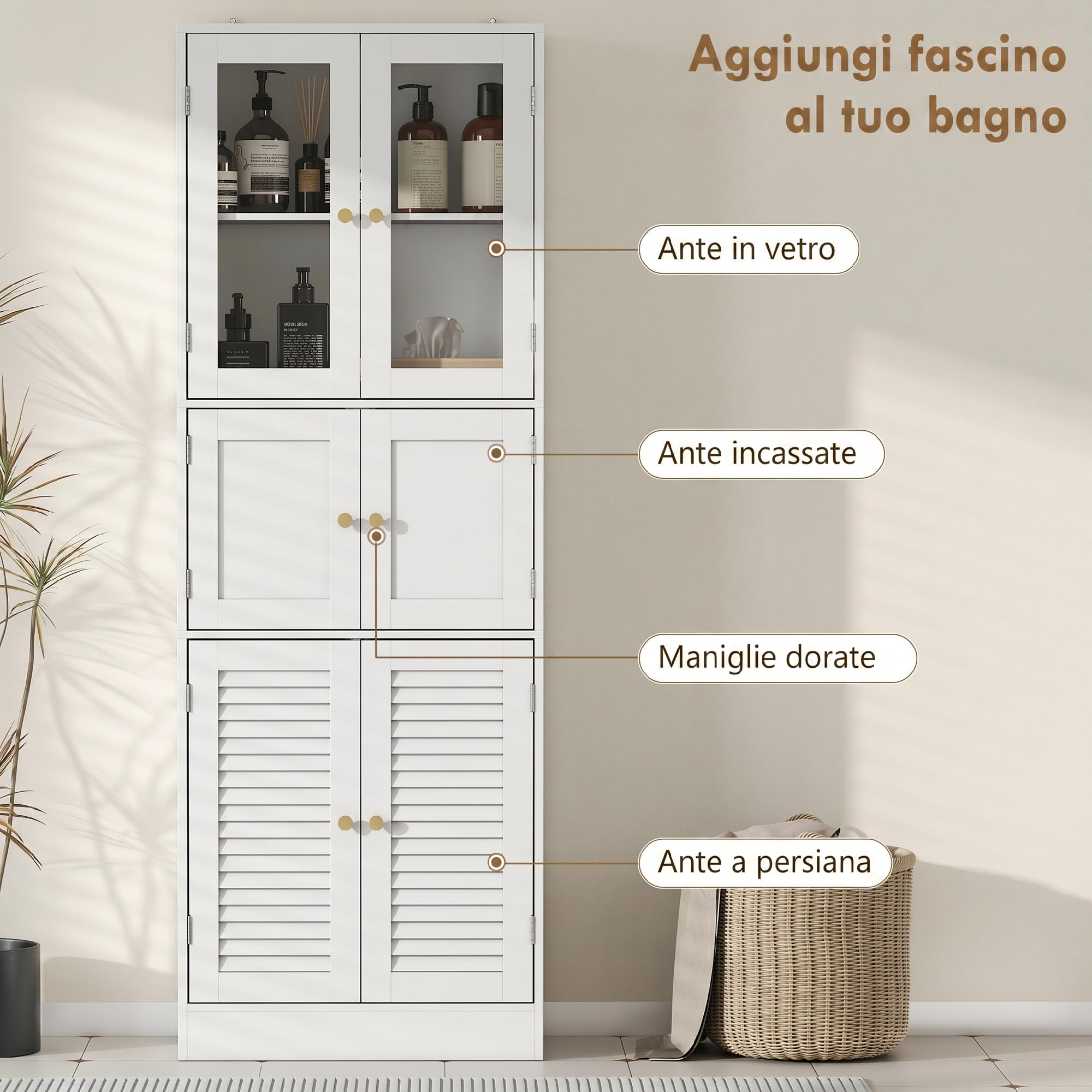 HOMCOM Mobile Bagno Alto Slim con 3 Armadietti a Maniglie, Mobiletto Bagno Salvaspazio con Ante Magnetiche in Vetro, a Persiana e Ripiani Regolabili, per Sala da Pranzo Soggiorno, 60x30x170cm, Bianco