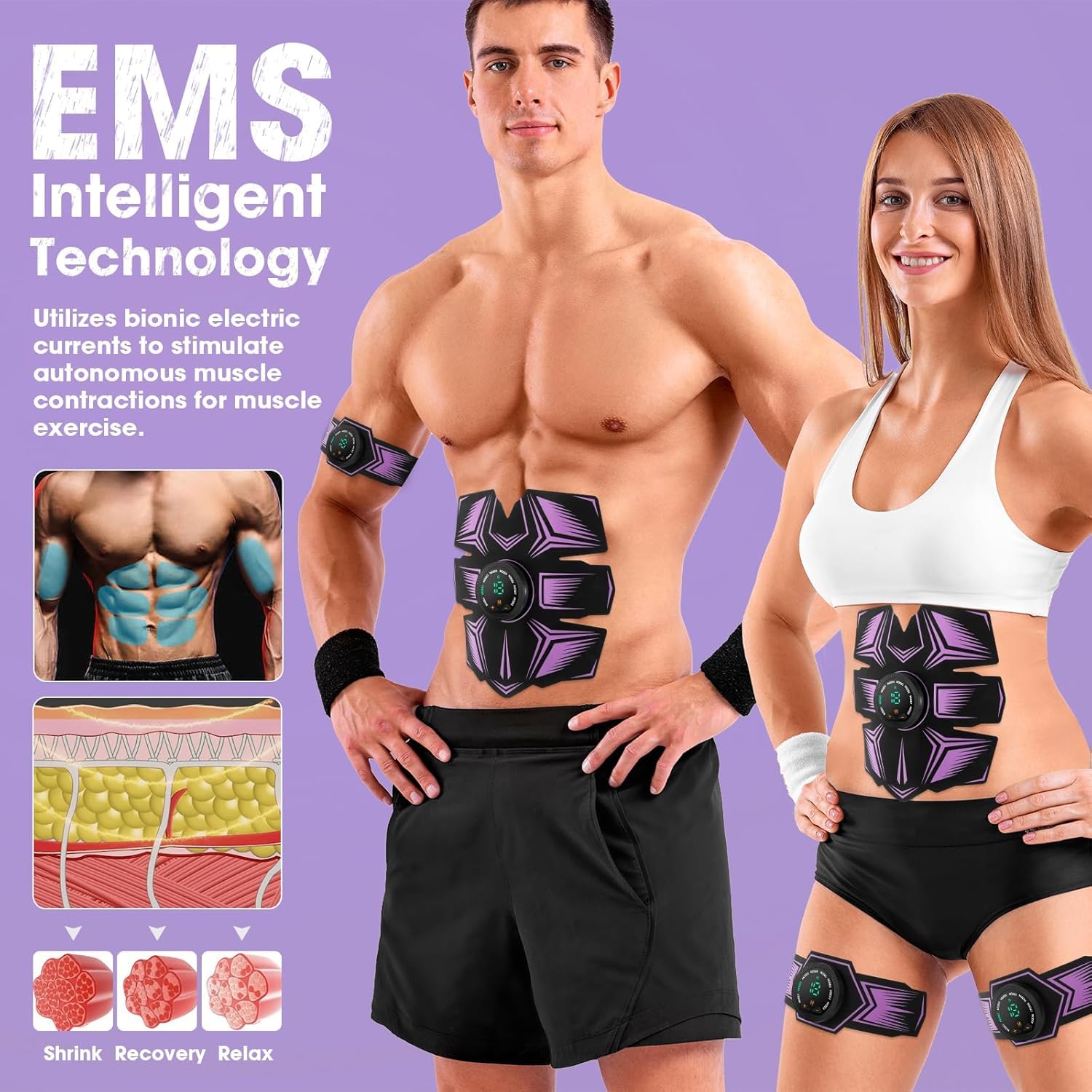 Braload EMS Bauchmuskeltrainer Trainingsgerät, Elektrischer Muskelstimulator, USB-aufladbar, 8 Modi & 19 Intensitätsstufen für Bauch, Arme, Hüfte und Beine, für Frauen und Männer (Rosa-Violett)
