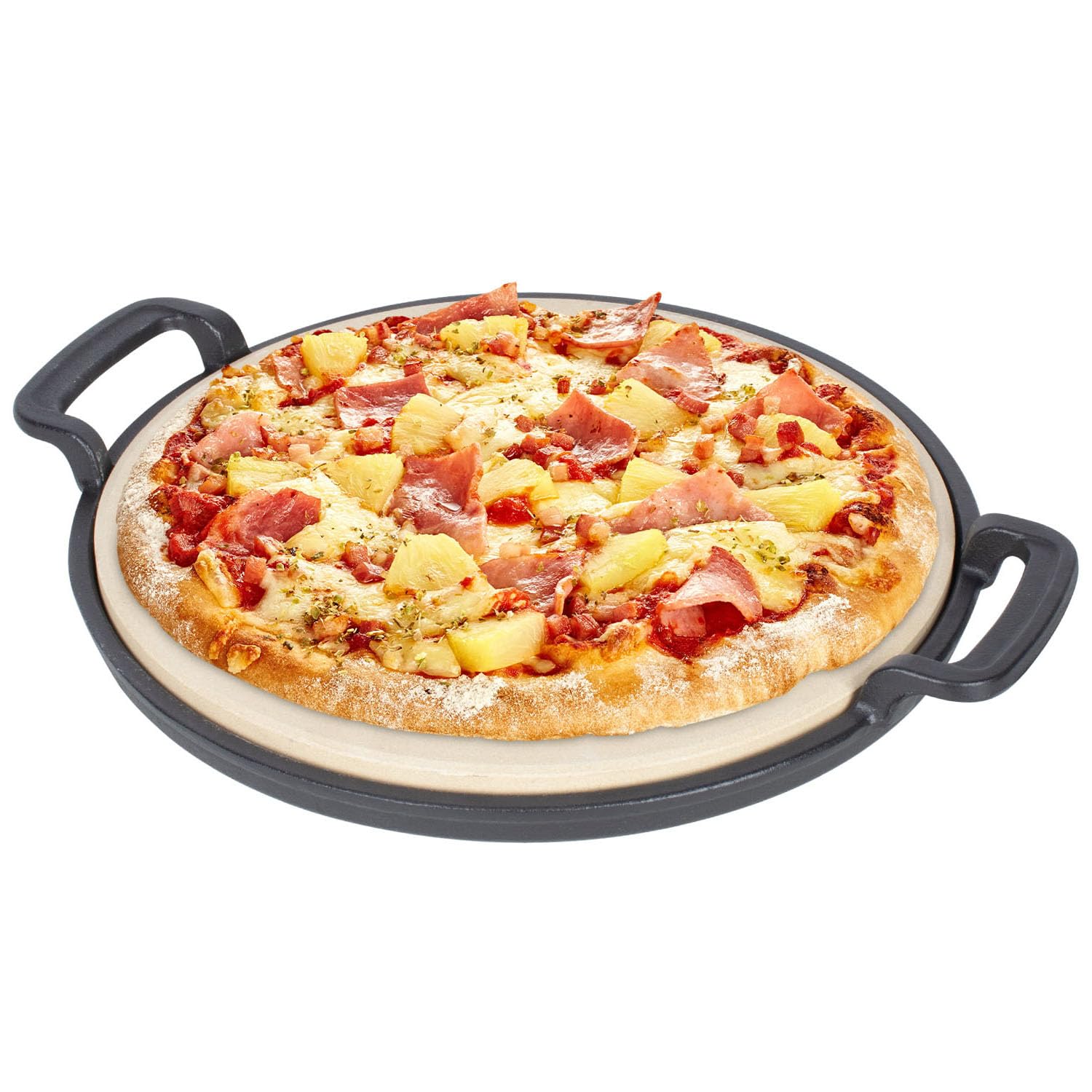 Pizzastein mit Gusseisen Griffhalterung für Weber Gourmet BBQ System, Enders Gasgrill, Backofen Grill, Gasgrill & Holzkohlegrill, Herausnehmbarer Pizzastein 31.5 cm