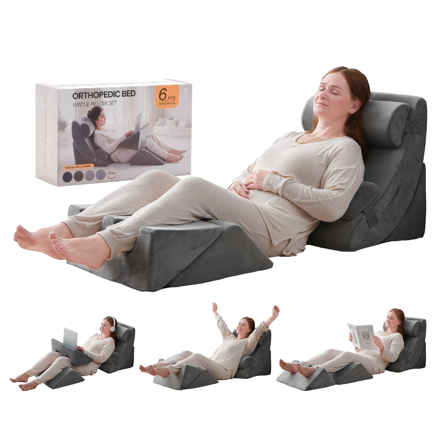 Axelrod 6PCS Orthopedic Bed Wedge Pillow Set, Post Surgery Foam for Back, Neck and Leg Pain Relief Comfortable & Adjustable Pillows- Anti Snoring, Heartburn, Acid Reflux & GERD Sleeping Grey
