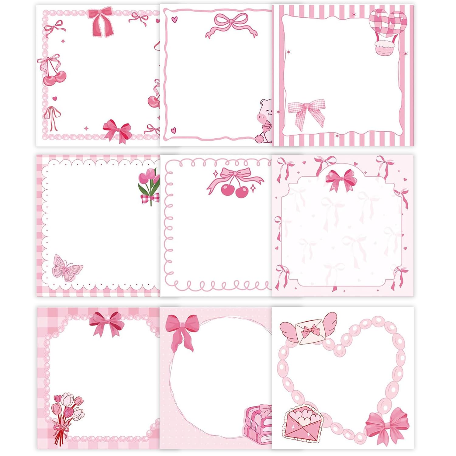 Sticky Notes Set 9 PCS Pink Bow Cute Sticky Notes 8 Styles Girly Self Adhesive Preppy Sticky Notes 3 x 3in Pink Party Favours (50 Sheets per Pad)