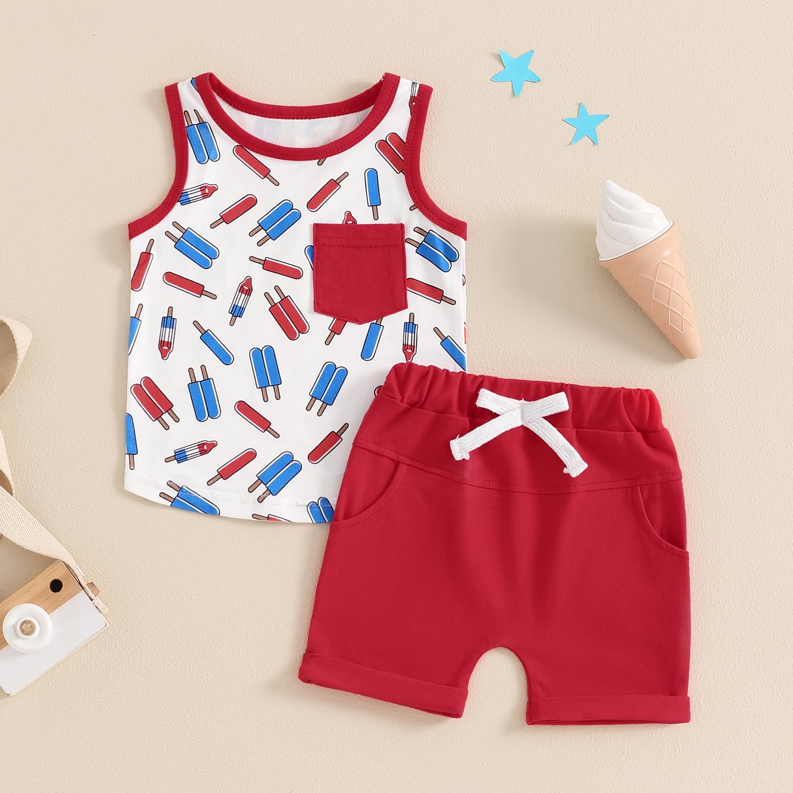 LAGKIYOJ 4th Of July Baby Boy Outfit Ice Cream Sleeveless Tank Top Drawstring Shorts Set Infant Summer Clothes For Boys (Red - Ice Cream, 6-12 Months)