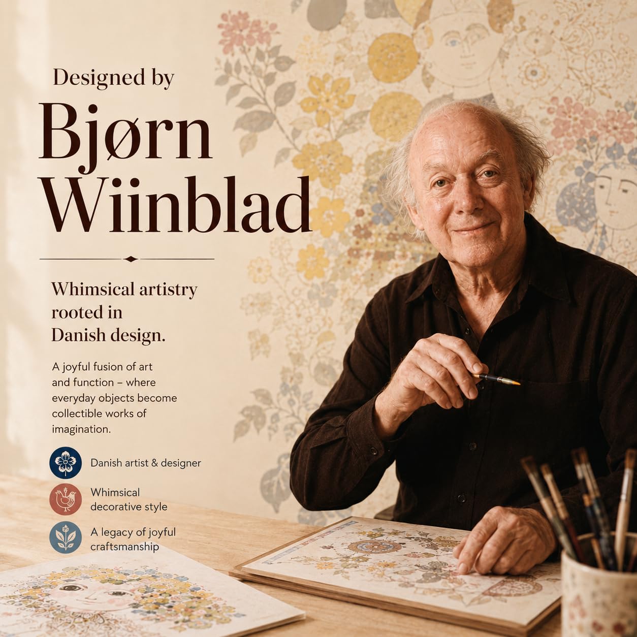 Bjørn Wiinblad Übertopf mit Fuß Ø15.5 cm Eva verspielte Details für Blumen, gelb