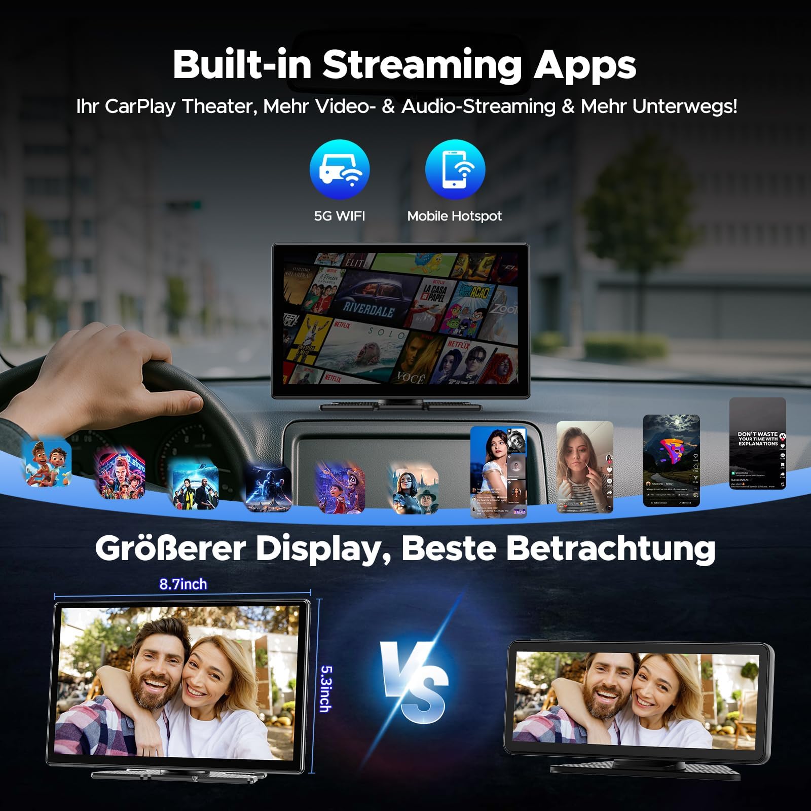 Volam schermo per auto carplay,con A-pple CarPlay e Android Auto,9" schermo,schermo carplay auto Net-flix YouTube,Telecamera Posteriore Navigazione Aggiornamento Siri/G00gle voice,iOS 10+ Android 11+
