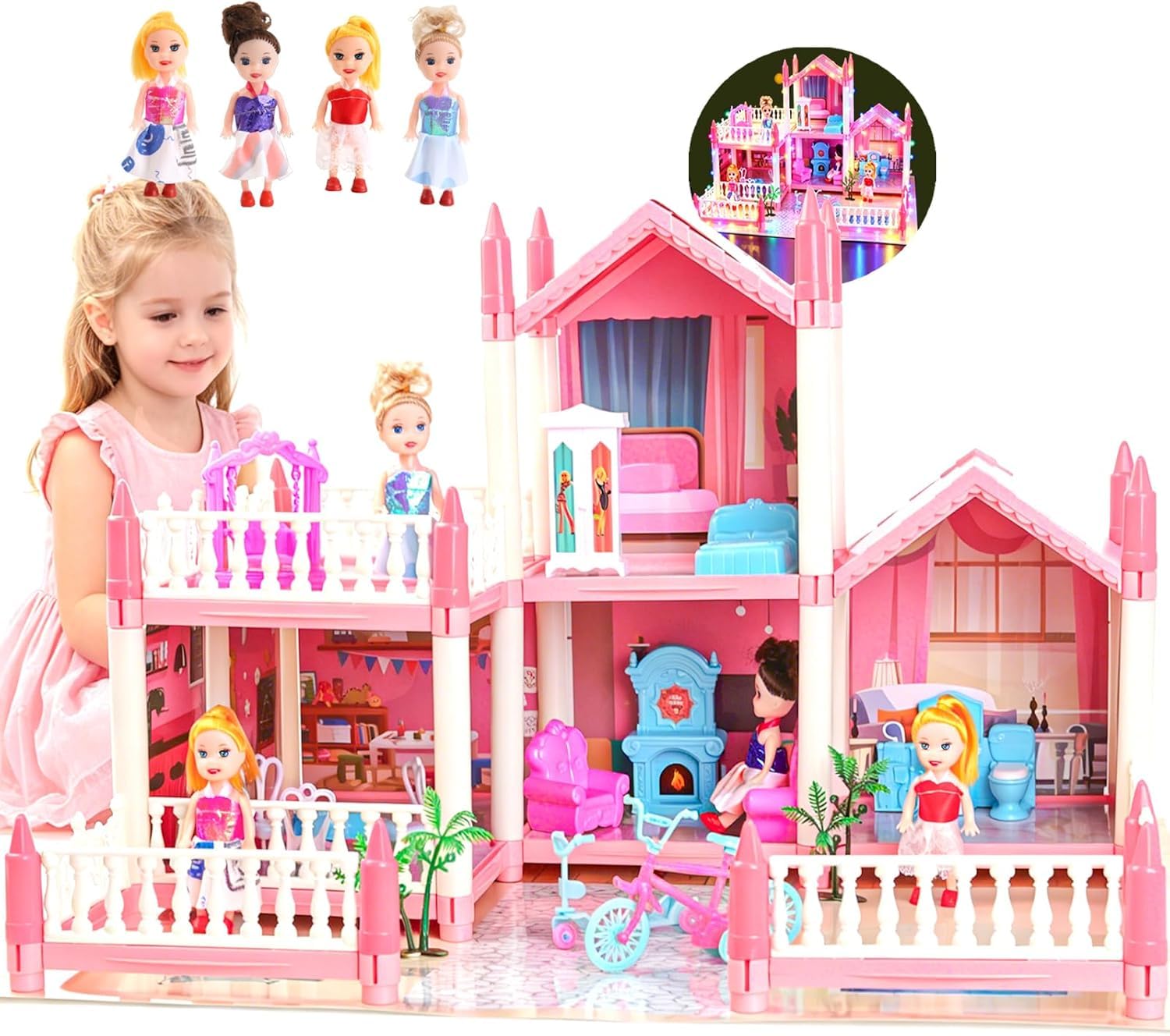 Dream Doll House for Girls with Lights, Mat, Dolls & Furniture - Imaginative Dollhouse Playset DIY Pretend Play Toy Gift for Kids Ages 3-8