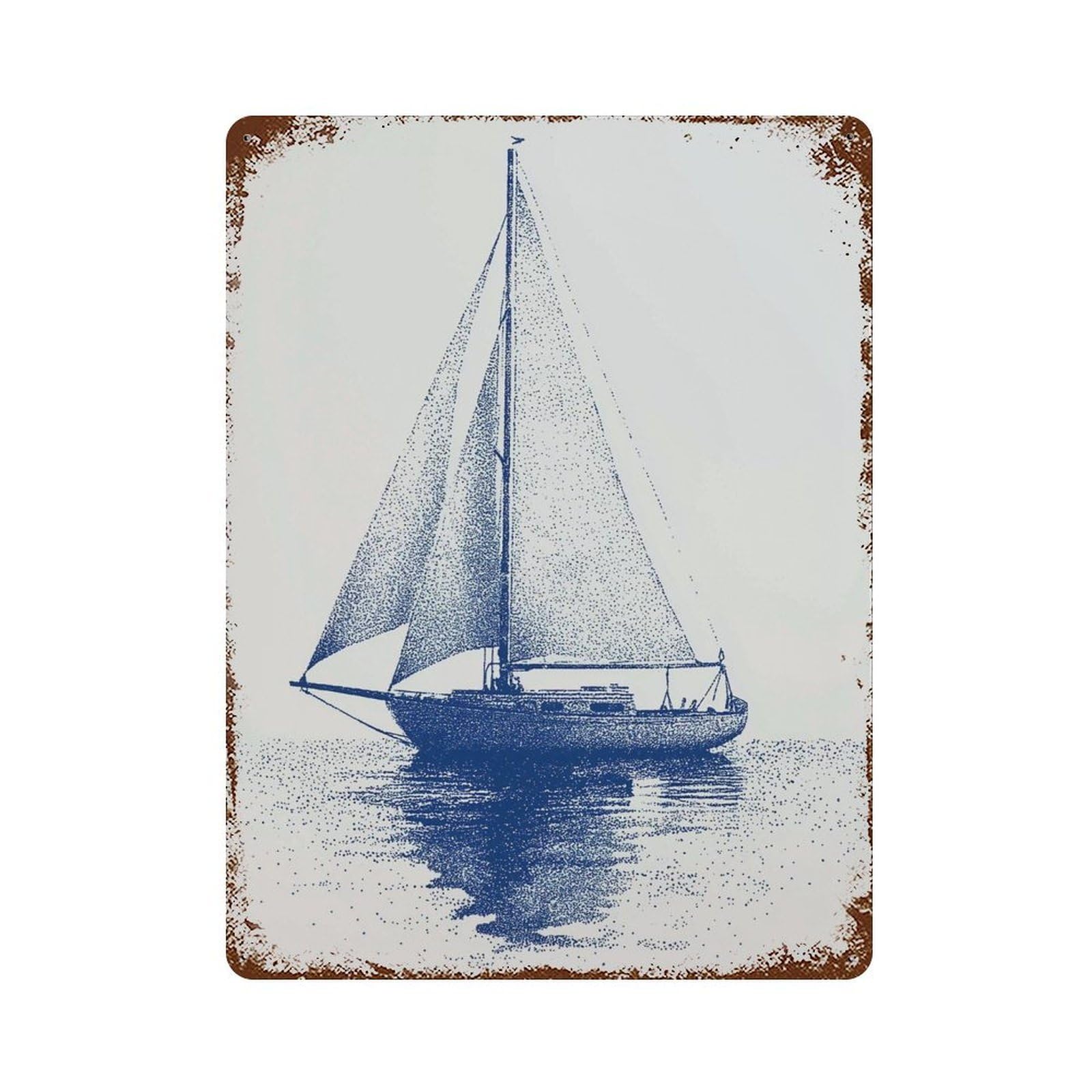 xiaoxiaoshen Blue Sailboat Nautical – Minimalist Ocean Pointillism Boat Coastal Sea Wall Decor Art Metal Tin Poster Modern Home Decor Art Home Bar Shop Decorations Vintage Sign 40x30cm