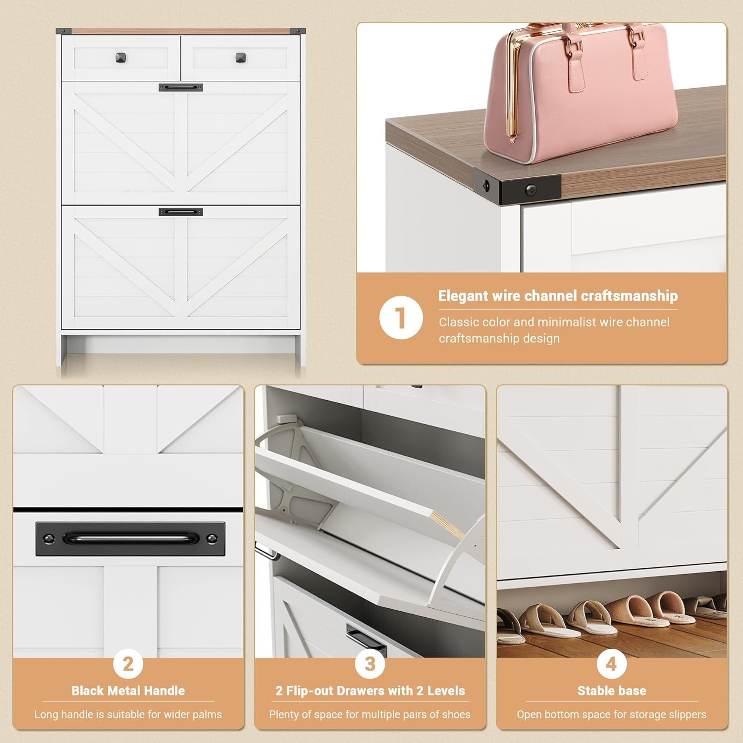 Shoe Storage Cabinet with 2 Flip Drawers and 2 Storage Cabinet, Entryway Shoe Rack, Farmhouse Wooden Shoe Cabinet for Hallway, Entryway, White