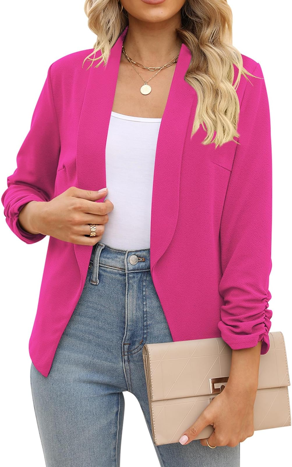 Women 3/4 Sleeve Blazer Open Front Cardigan Jacket Work Office Blazer