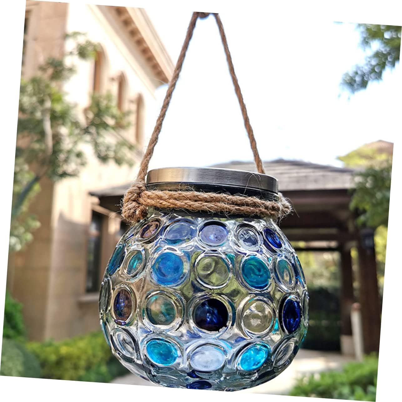 DOITOOL 2pcs Solar Powered Glass Jar Lamp Decorative Hanging Light for Courtyard Landscape Unique Pattern Rechargeable Battery for Garden Patio Lawn and Home Random Style