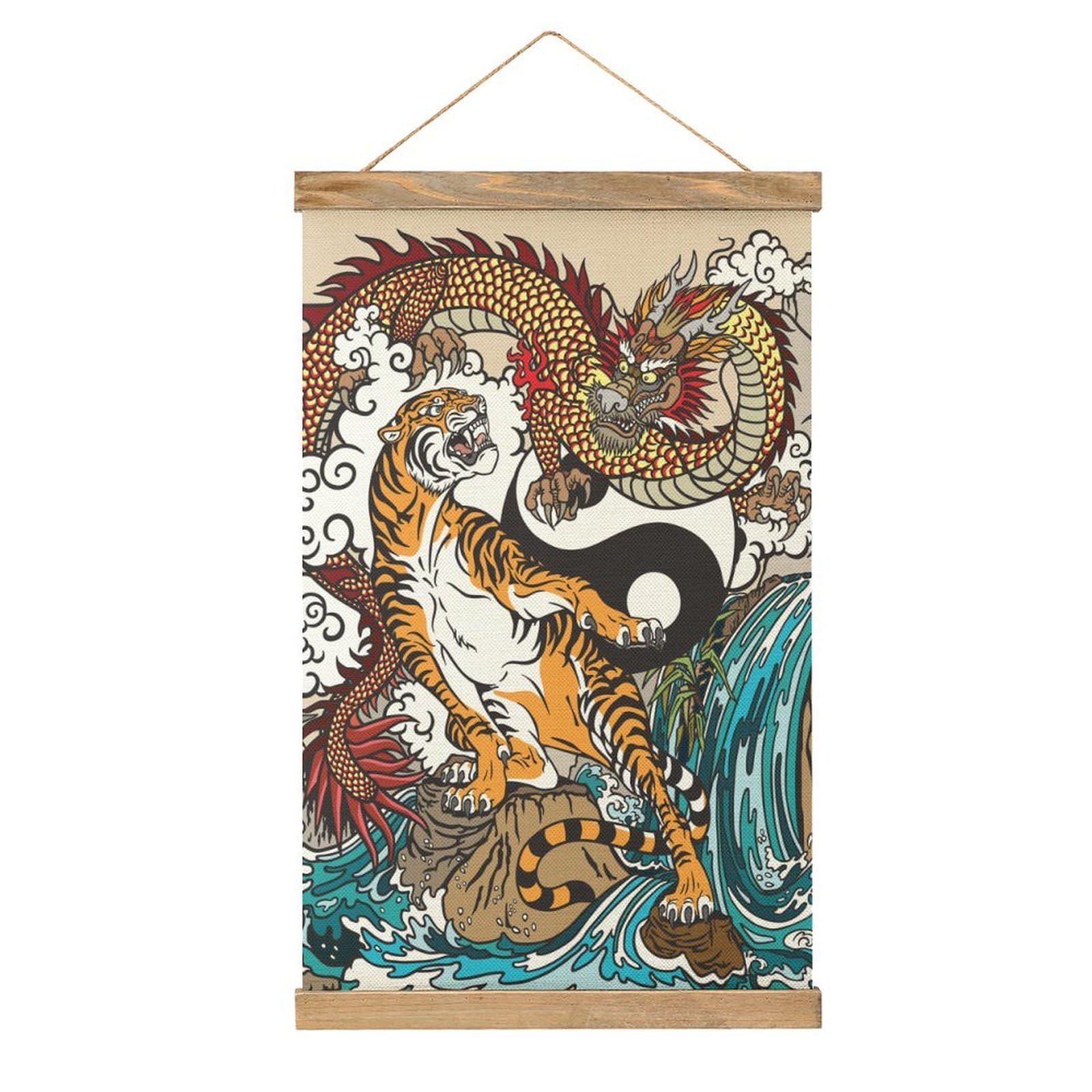 CGSBNGHA Ying-and-Yang Chinese Dragon And Tiger Wall Art Prints Linen Hanging Painting Scroll Paintings Pictures Decor for Home