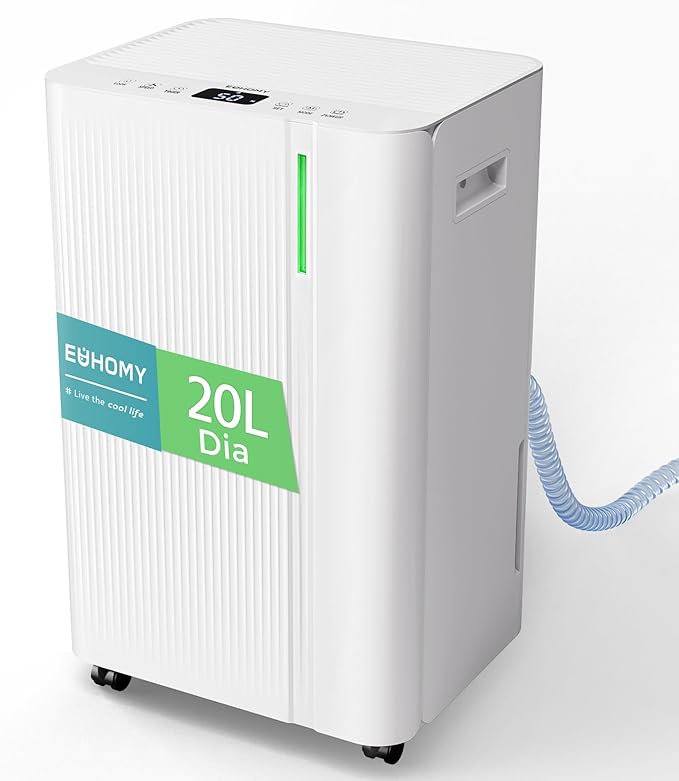 EUHOMY Deshumidificador 20L, interior 50㎡, con Silencioso, Bajo Consumo, Modos Automático/Secado/Descanso, Temporizador 24H, Pantalla de Humedad, 4,5L Depósito Extraible, Drenaje Continuo