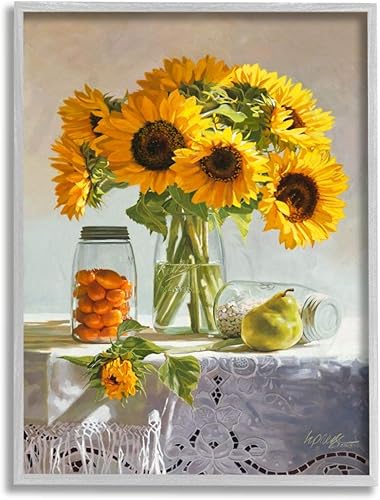 Stupell Industries Arte de pared enmarcado gris con diseño de girasol de granja, tarros de frutas de campo Heide Presse, 11 x 14 pulgadas