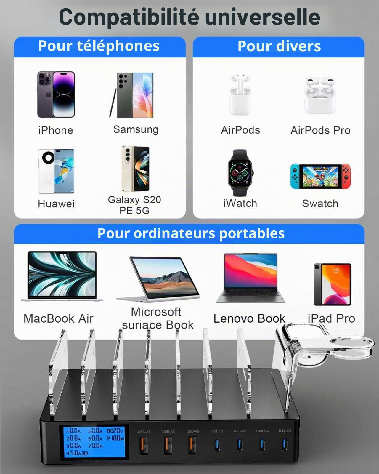 Station de Charge USB pour Plusieurs appareils, 7-Port USB Multi Charge 245W avec 7 Câbles, Station Chargement avec écran LCD, Compatible avec Téléphones, Tablettes et Autres Appareils - Noir