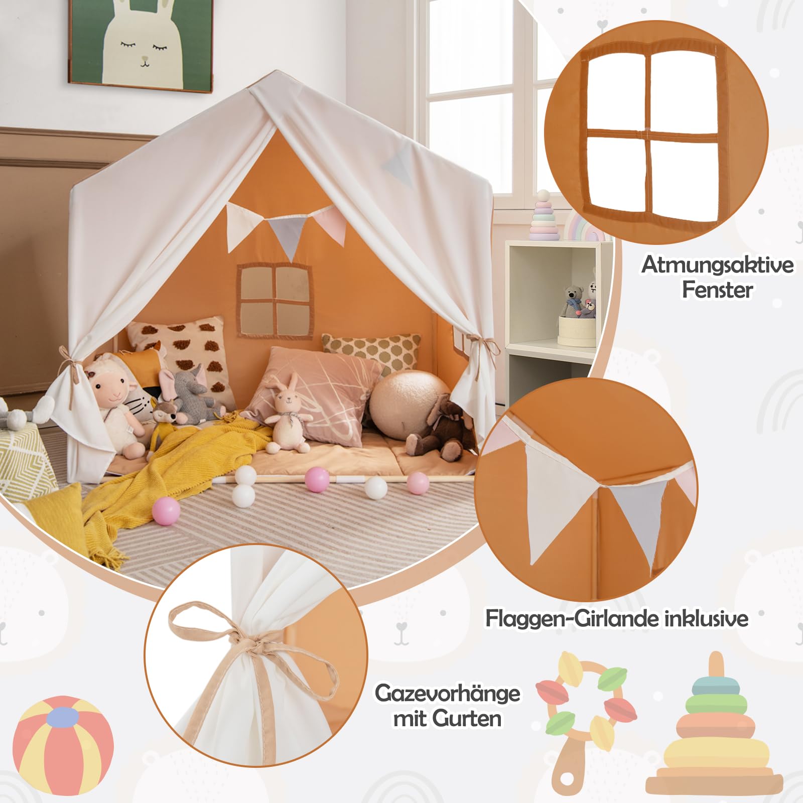 DREAMADE Kinderzelt für drinnen mit Matte und Girlande, Kinder Spielhaus Indoor mit Fenstern & Vorhang, Tipi Zelt, Kinder Spielzelt mit Massivholzrahmen für Jungen und Mädchen (Hellbraun + Weiß)