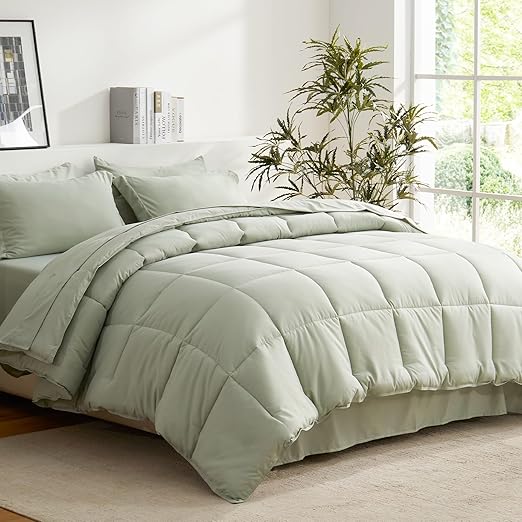COZYART Queen Comforter Set 7 Pcs, Sage Green Bed in a Bag, All Season Lightweight Soft Reversible Bedding Set, 1 Comforter, 1 Flat Sheet, 1 Fitted Sheet, 2 Pillow Shams, 2 Pillowcases