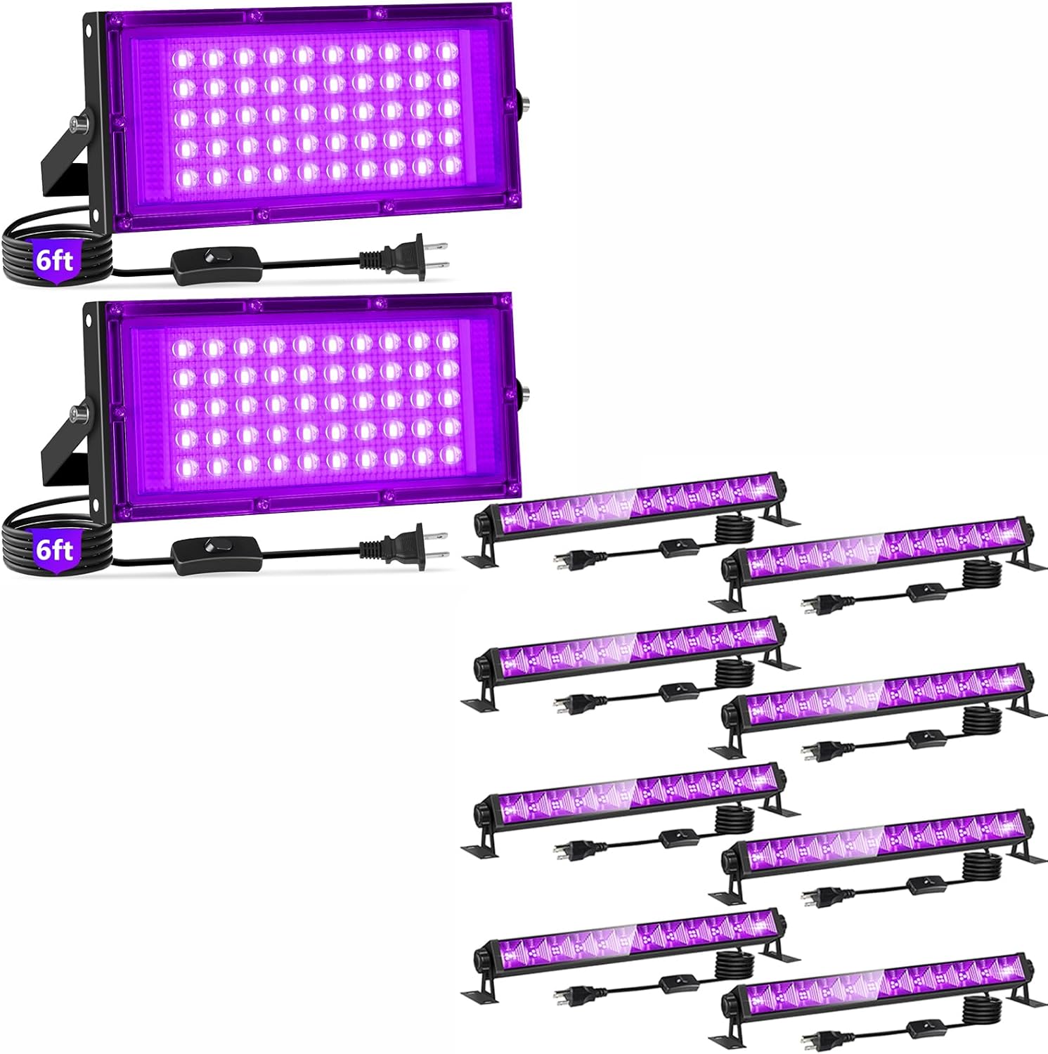 50W Black Lights with Switch+Plug 2 Pack + 8 Pack 40W LED Black Light Bar with 6FT Cord and Switch
