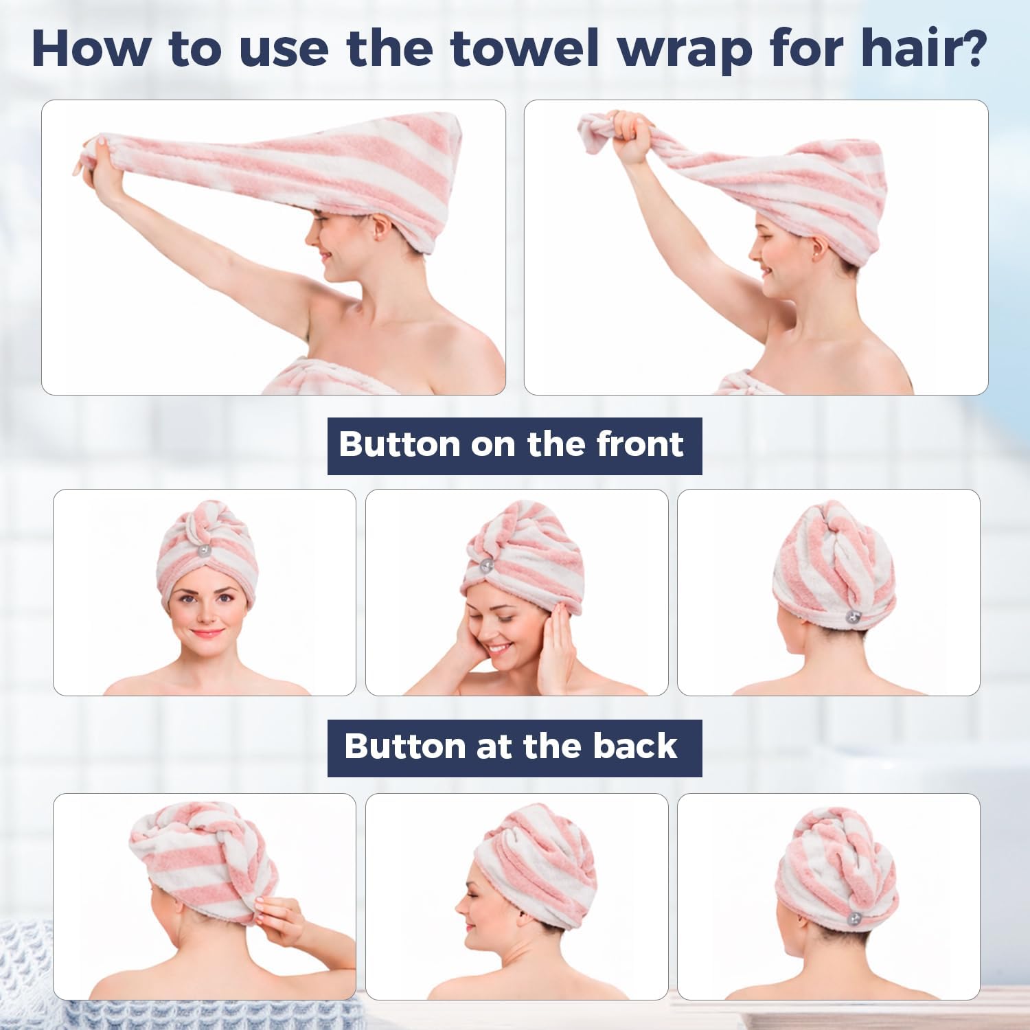 Towel Wrap for Women Plus Size (XL-2XL) with Hair Towel Wrap, Microfiber Bath Wrap Soft & Comfortable Absorb Water Body Wrap Oversized Button Design, Pink Stripe