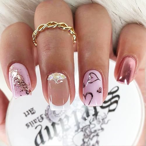 Uñas postizas cuadradas cortas a presión, 24 unidades, con diseño de lámina dorada, pegamento brillante, uñas acrílicas para el día de San Valentín,