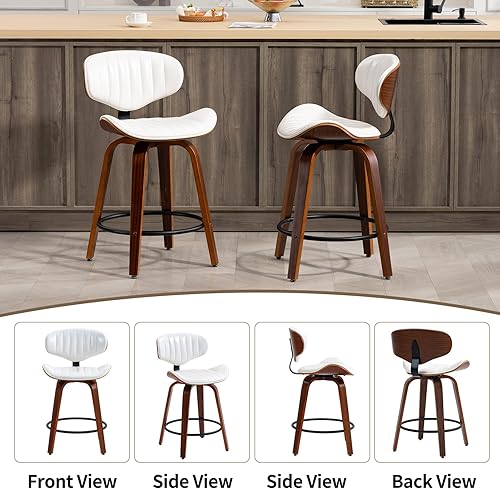 Miniatura 4 de Juego de 2 taburetes de bar de altura de mostrador, 24 pulgadas, de piel sintética, de madera curvada, sillas de bar giratorias modernas con