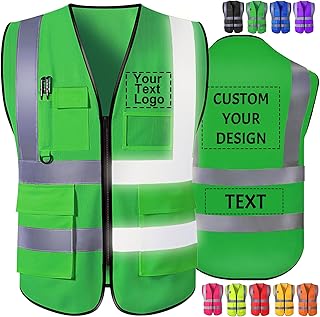 Greaxid Custom Safety Vest for Men High Visibility Reflective Protective Workwear with 5 Pocket for Construction Outdoor,Green,S~5XL