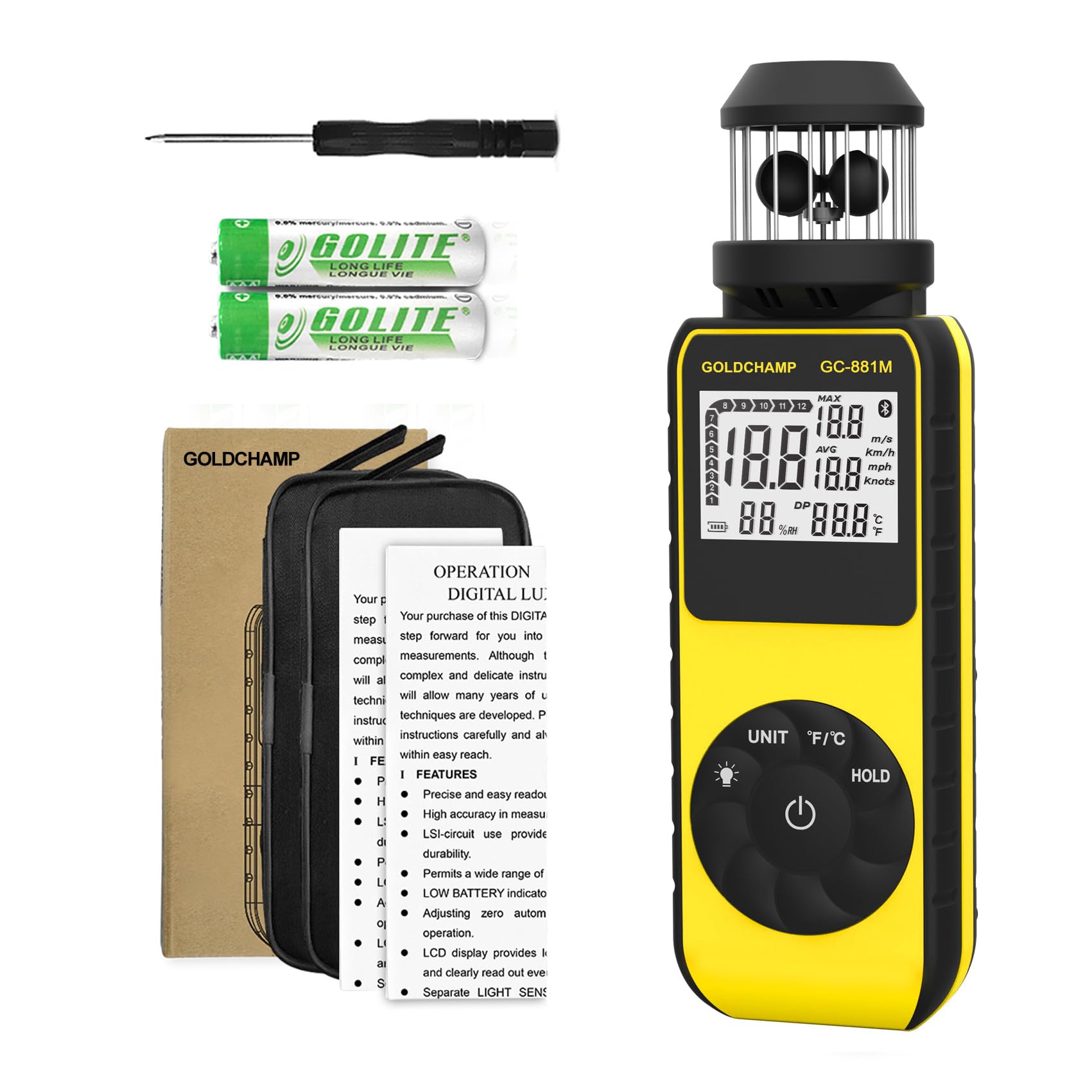 Anémomètre portable à tasse numérique avec direction du vent à 360 °, compteur de vitesse du vent de 1,5 à 93 km/h avec boussole, température (℃/℉), MAX/AVG pour CVC, bateau à voile, tir