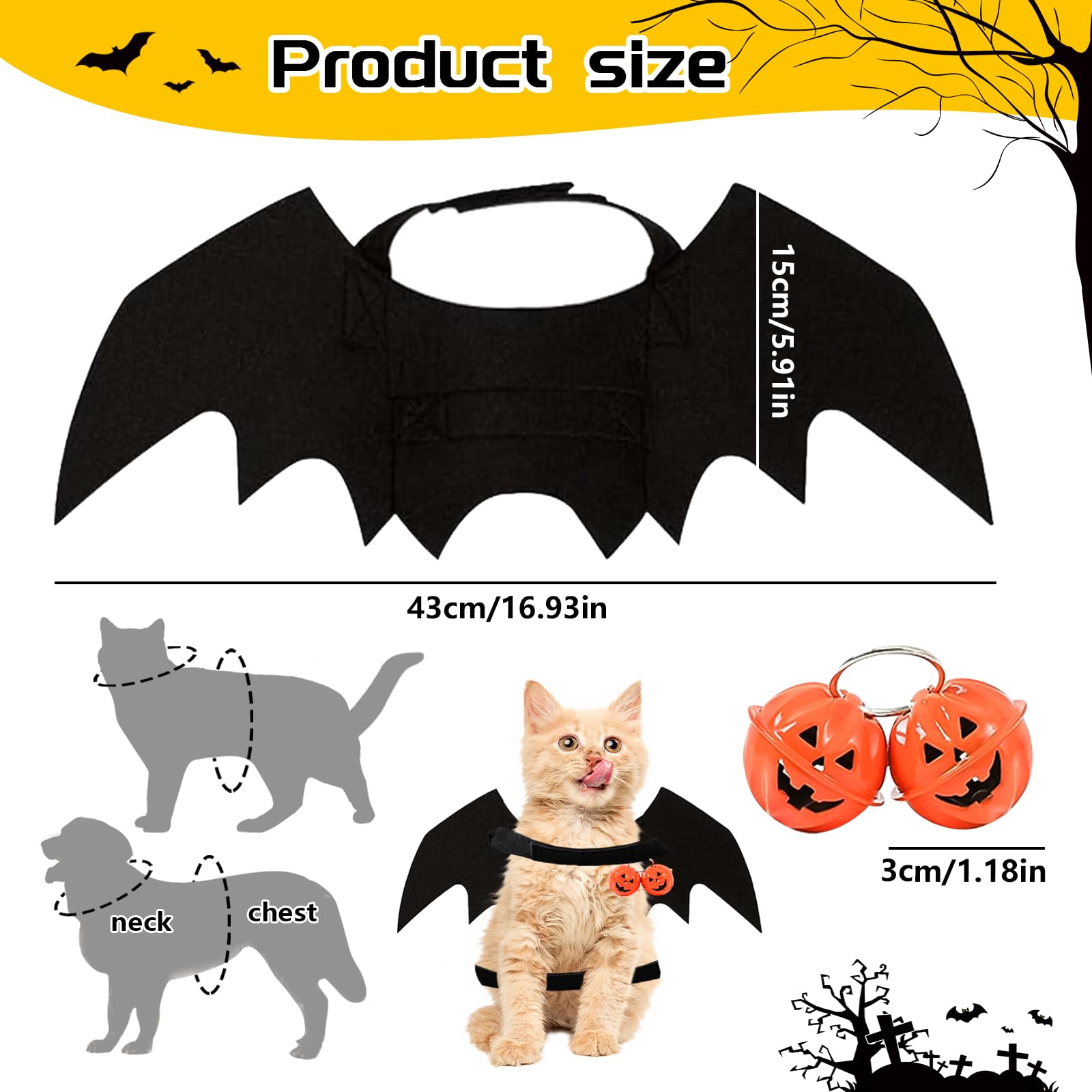 Costume da Pipistrello Halloween per Cane Gatto Nero Regolabile con Campana