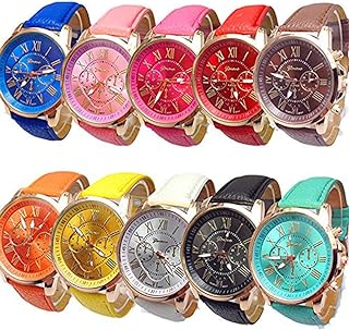 Women Men Lady PU Leather Band Watches Roman Numerals Dial Analog Quartz Wristwatches (10 Pack)