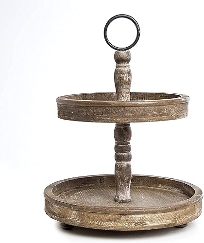 Hallops Soporte de bandeja de 2 niveles, de madera, decoración rústica y vintage, con mango decorativo redondo de metal, para pasteles, magdalenas,