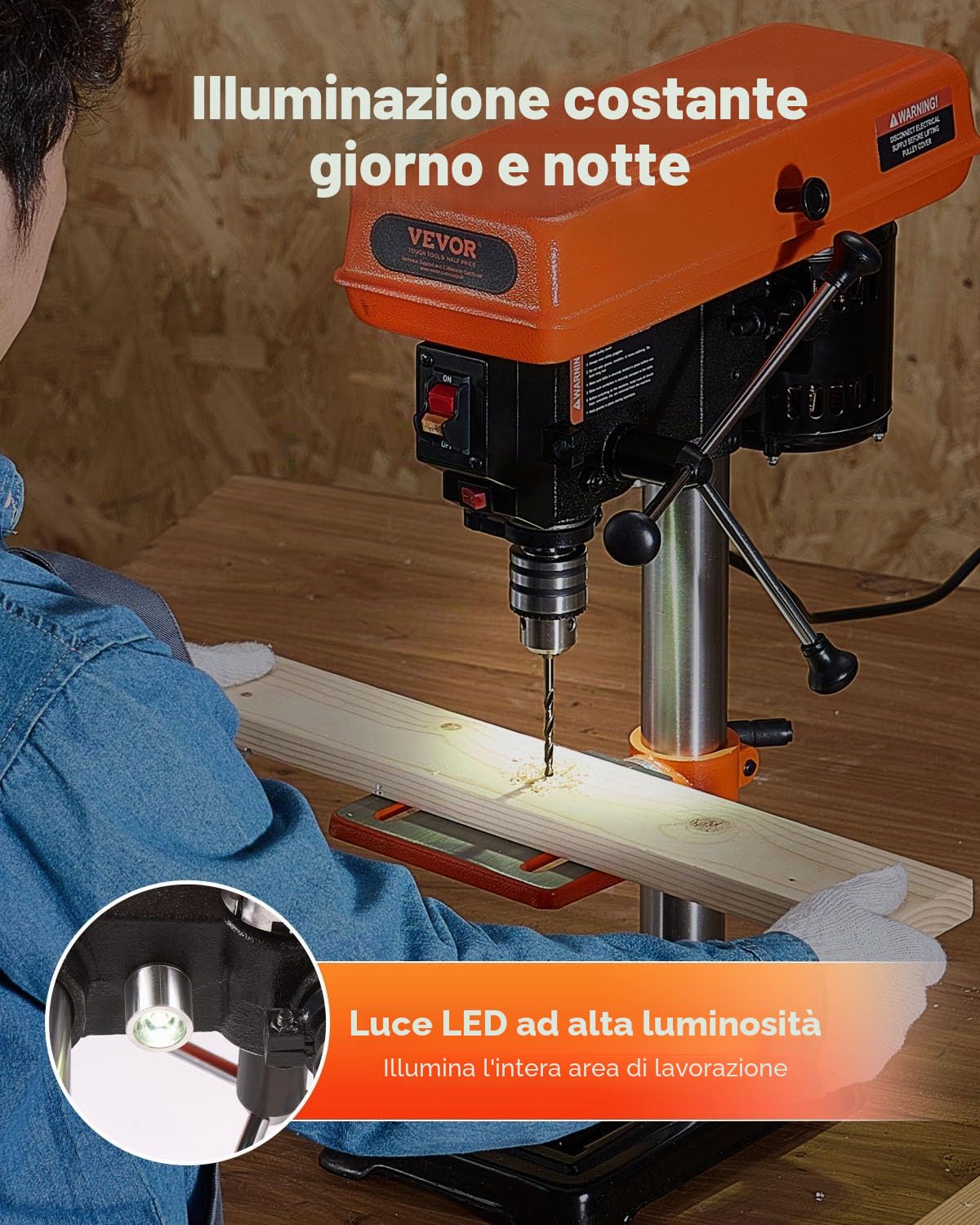 VEVOR Trapano a Colonna da Banco 203,2 mm, Motore a Induzione, 500 W, Velocità Regolabile 550/950/1450/1950/2500 giri/min, Tavolo da Lavoro Inclinabile 0-45°, Luce LED Trapano per Legno Metallo