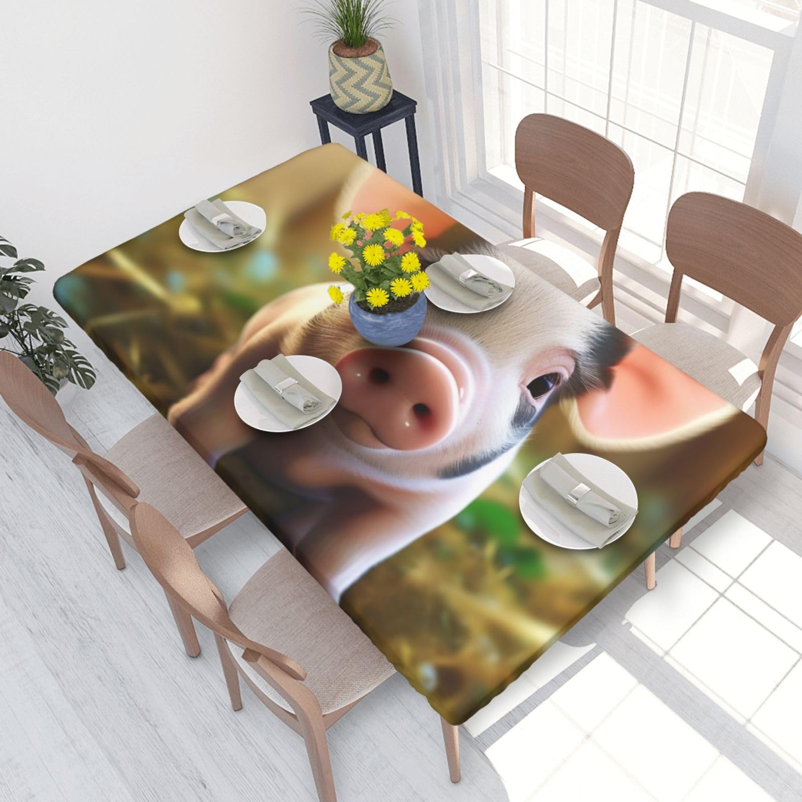 DCARSETCV Cute Farm pet Printed 4FT Waterproof Tablecloth with Elastic Edged Protect & Decor Your Table, Oil-proof Washable Table Cloth Cover for Dinner Picnic Party
