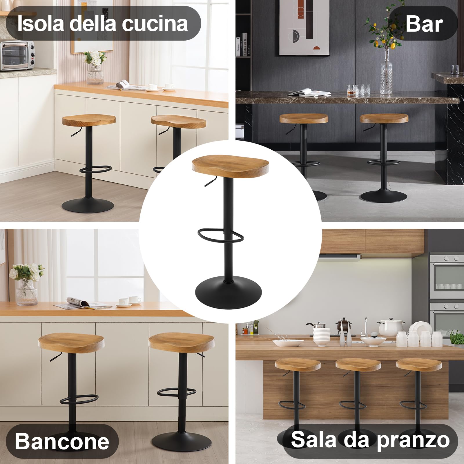 WOLTU Sgabelli Cucina Set 2, Regolabile, Legno Massiccio, Legno Scuro | Sgabello Bar a Sella, Altezza Regolabile 60-81cm, Girevoli a 360°, con Poggiapiedi, per Colazione, penisola cucina