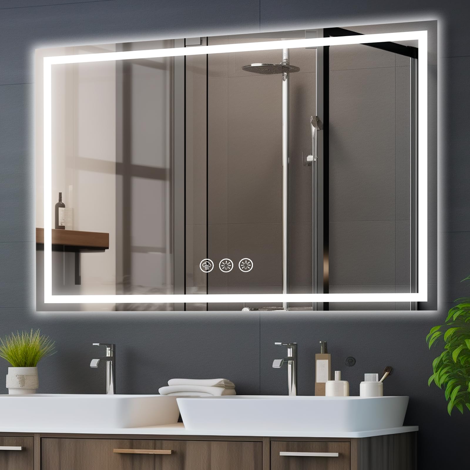 Simusi 70x100cm Specchio Bagno con Luce LED， Specchio da Parete Antideflagrante con Luminosità Regolabile，3 Colori Luce， IP44 impermeabile, vetro temperato, Orizzontale/Verticale