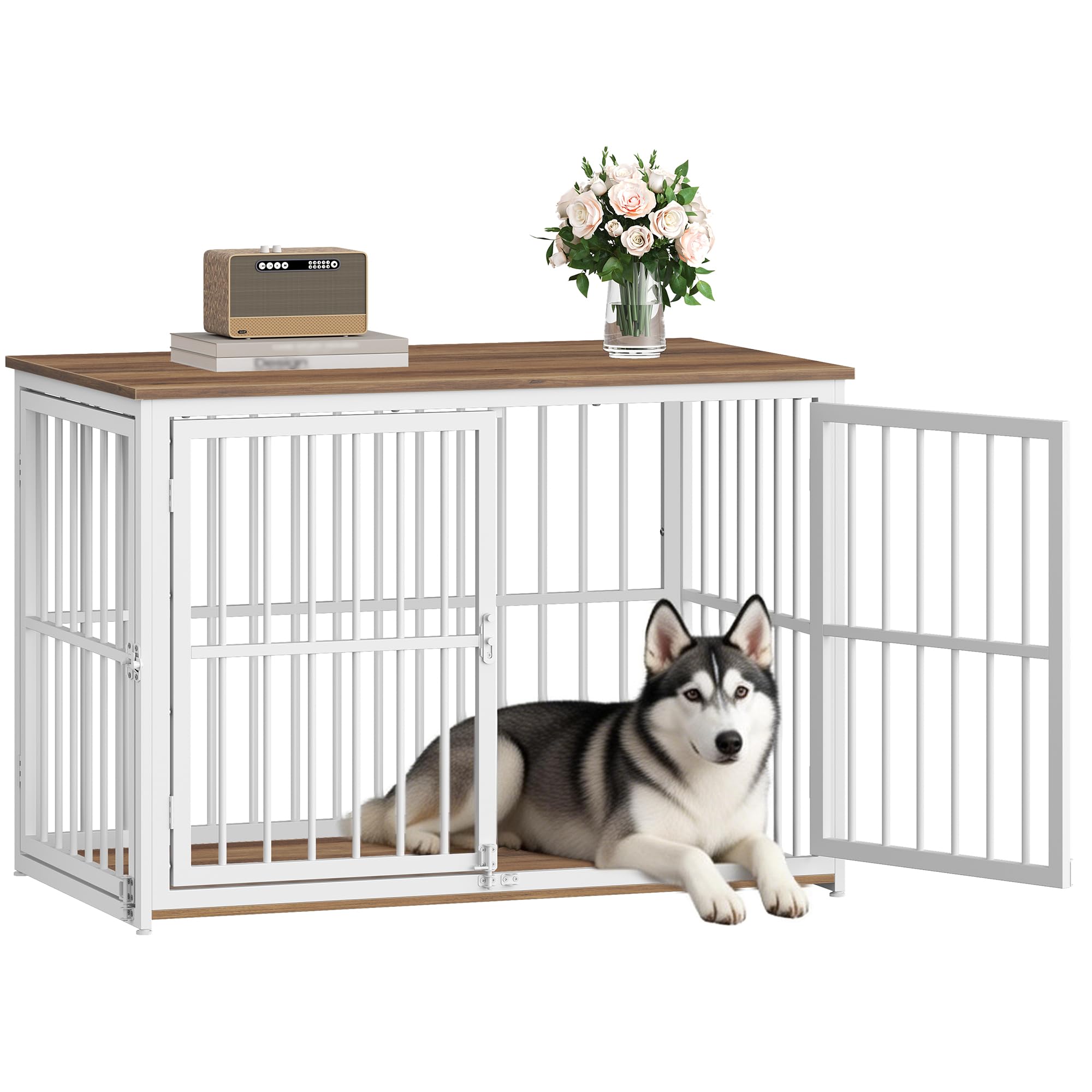 Fobyfurny Gabbia per Cani, 100 x 60 x 70cm, Marrone Rustico & Bianco | 3 Porte, Gabbia per Cani in Legno, Tavolo Supplemento, Cuccia Cane Interno, Cani di Taglia Media e Grande, FPDC012FWR1