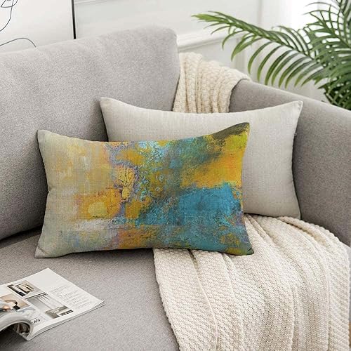 Miniatura 7 de TKS MITLAN Fundas de almohada con diseño de bola de sol en amarillo y turquesa, 12 x 20 pulgadas, pintura original abstracta sobre lienzo, lino y