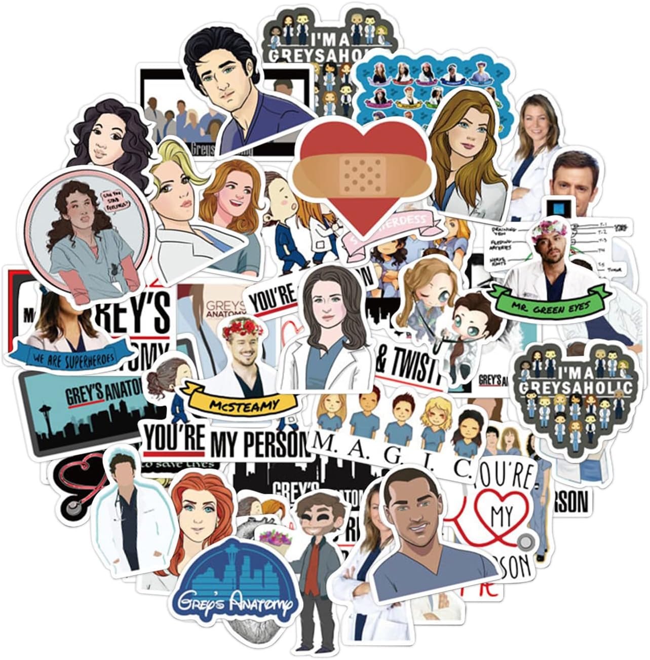 ALLY-MAGIC Grey's Anatomy Stickers, 50 Pcs V Show Creative DIY Stickers Waterproof Vinyl Decal Stickers for School Bag Pencil Case Waterbottle Phone Computer Cars Bicycles Y4-SXYSTZ(Doctor)