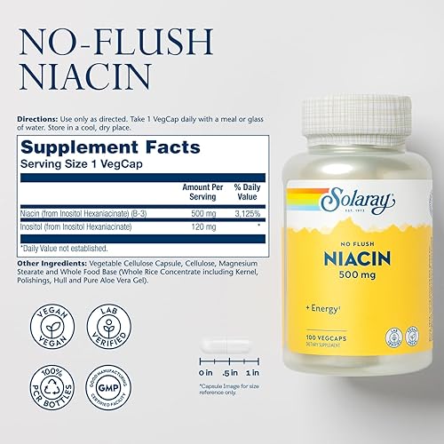 Miniatura 2 de SOLARAY Niacina sin descarga de 500 mg, vitamina B3 sin enjuague, niacina de energía y soporte del sistema circulatorio, vegano, verificado en