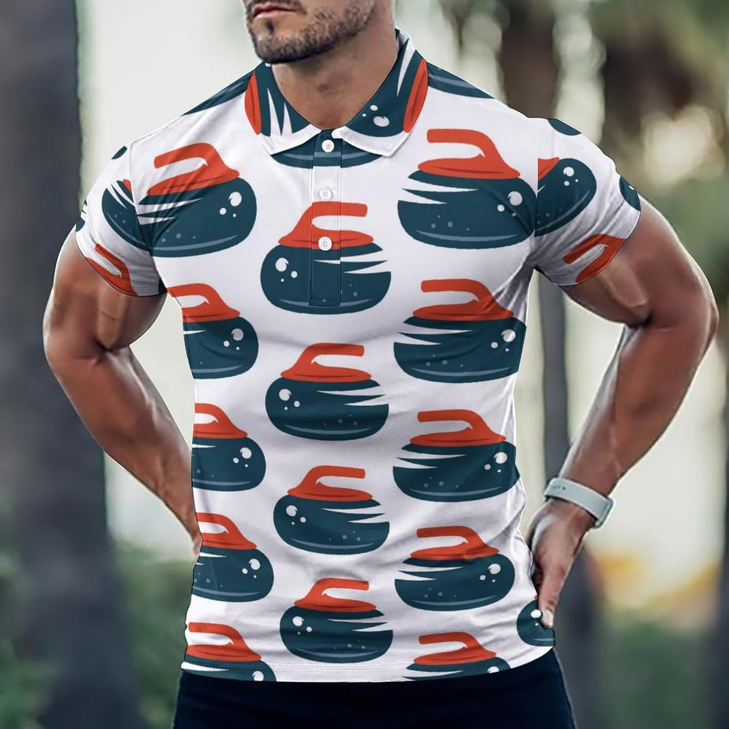 Curling Men's Golf Polo Shirts Short Sleeve Button Down T Shirt Slim Fit Graphic Tee Top