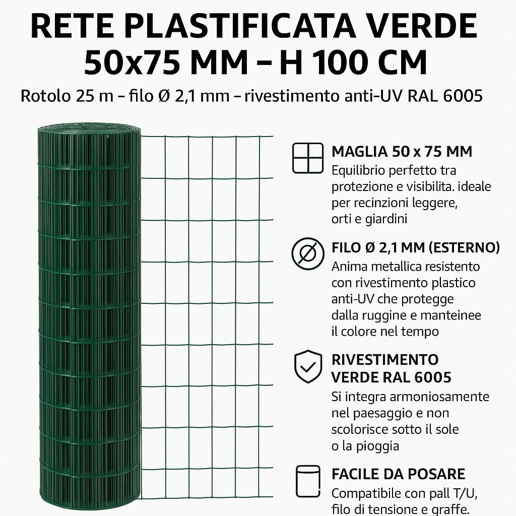 Rete Metallica Plastificata Verde per Recinzione, 100 cm x 25 mt, Maglia 50x75 mm, Elettrosaldata