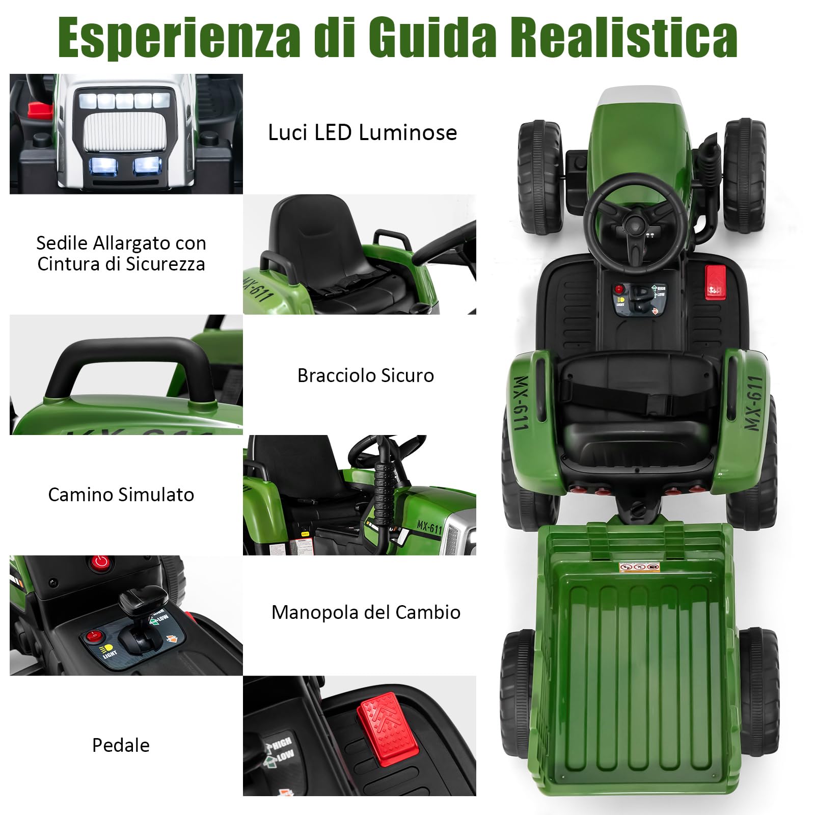 GYMAX Trattore Elettrico per Bambini con Telecomando, Giocattolo Cavalcabile con Funzione di Luce, Musica e Bluetooth, 6 Ruote Antiscivolo, 136 x 51 x 52 cm (Verde Scuro)
