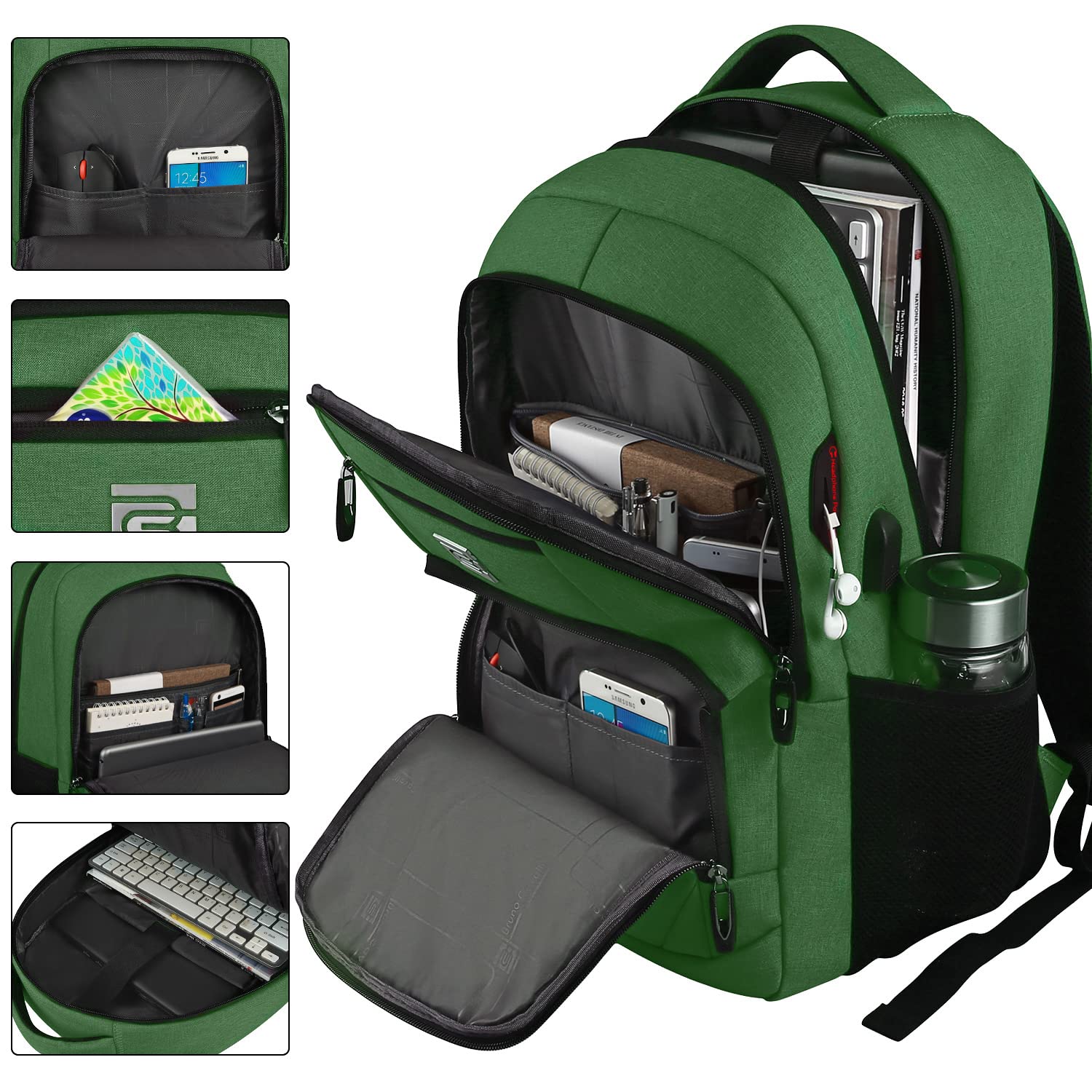 Volher Laptop Backpack,Business Travel Anti Theft Slim Durable Laptops Backpack with USB Charging Port,Water Resistant College Computer Bag for Women & Men Fits 15.6 Inch Laptop and Notebook-Green