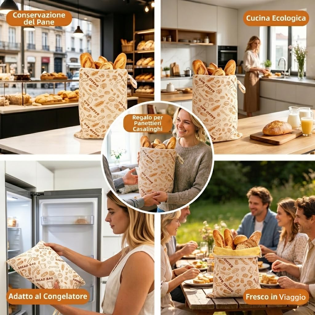 AHJ Confezione da 2 Sacchetti per Pane in Cera d'Api 43x33cm, Borsa Porta Pane Riutilizzabile in Cotone e Lino con Cerniera a L per Sourdough Fatto in Casa, Baguette e Pane Artigianale Lavabile